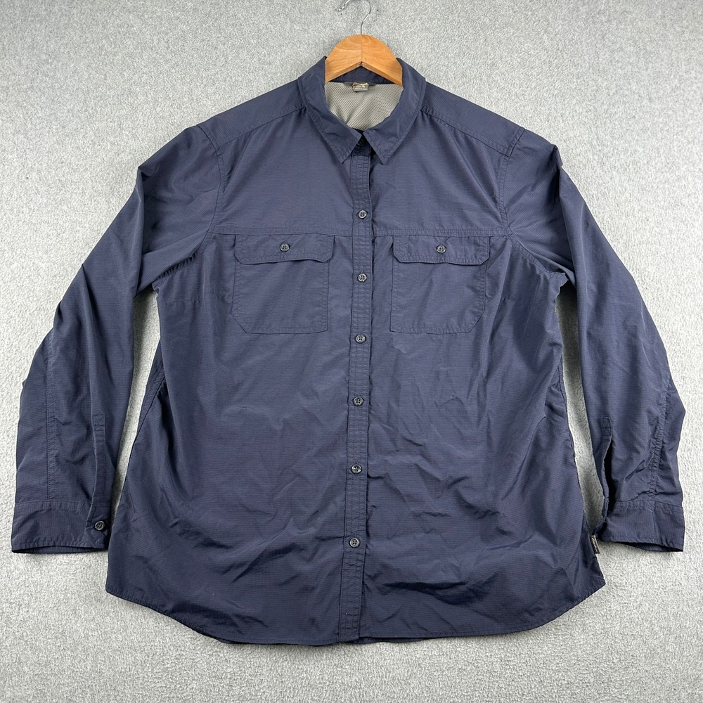 Eddie Bauer Shirt Womens XL Navy Blue Travex Ripstop Roll Tab Long Sleeve Hiking